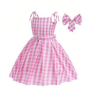Pink Gingham Dress W/ Matching Bow+Pearl Belt, Barbie Inspired, EUC